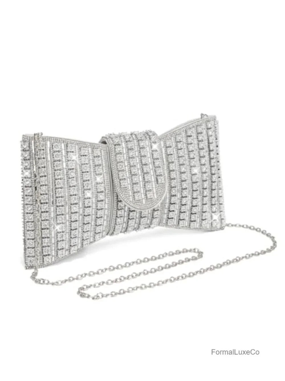 Vegan Leather Bowknot Rhinestone Clutch Purse with Chain